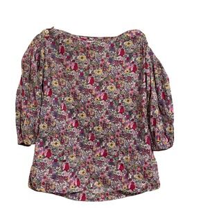 BURU Floral‎ Cotton Boatneck Blouse with Button Sleeve Detail XS